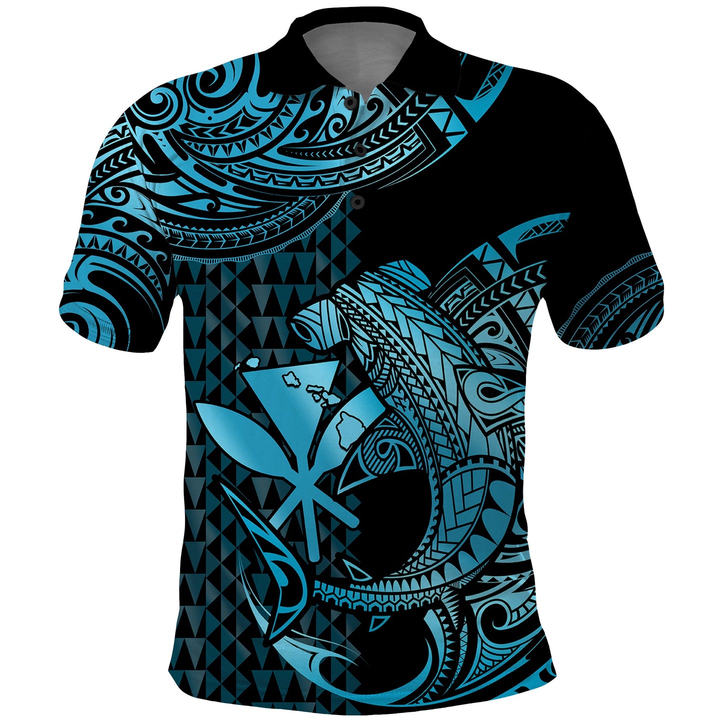 Custom Personalised Hawaii Hammerhead Shark Polo Shirt Polynesian Kakau With Kanaka Turquoise