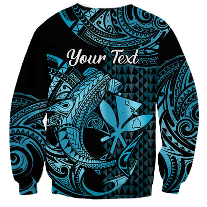 Custom Personalised Hawaii Hammerhead Shark Sweatshirt Polynesian Kakau With Kanaka Turquoise