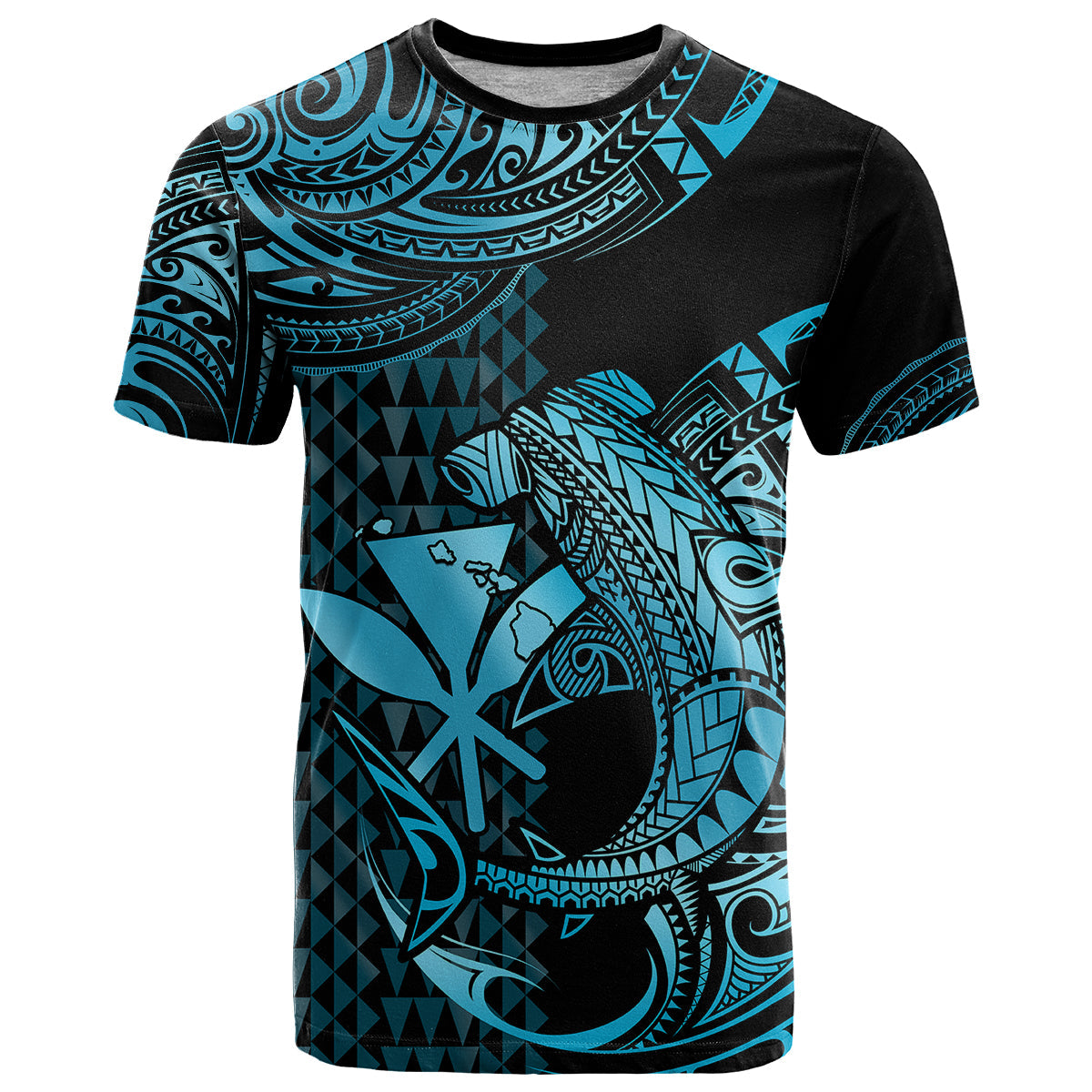 (Custom Personalised) Hawaii Hammerhead Shark T Shirt Polynesian Kakau With Kanaka Turquoise
