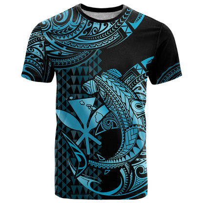 (Custom Personalised) Hawaii Hammerhead Shark T Shirt Polynesian Kakau With Kanaka Turquoise