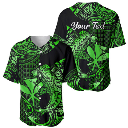 (Custom Personalised) Hawaii Hammerhead Shark Baseball Jersey Polynesian Kakau With Kanaka Green