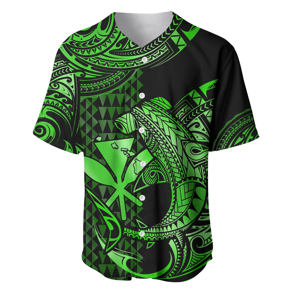 (Custom Personalised) Hawaii Hammerhead Shark Baseball Jersey Polynesian Kakau With Kanaka Green