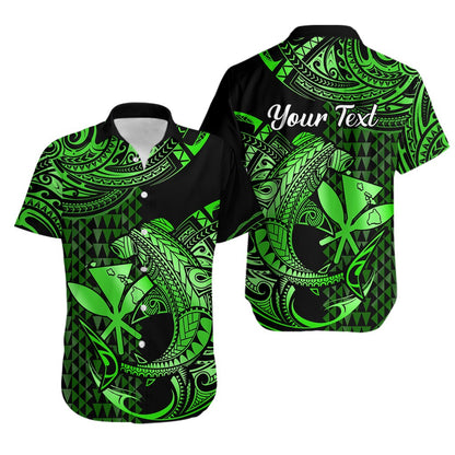 Custom Personalised Hawaii Hammerhead Shark Hawaiian Shirt Polynesian Kakau With Kanaka Green