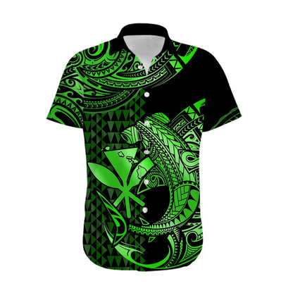 Custom Personalised Hawaii Hammerhead Shark Hawaiian Shirt Polynesian Kakau With Kanaka Green