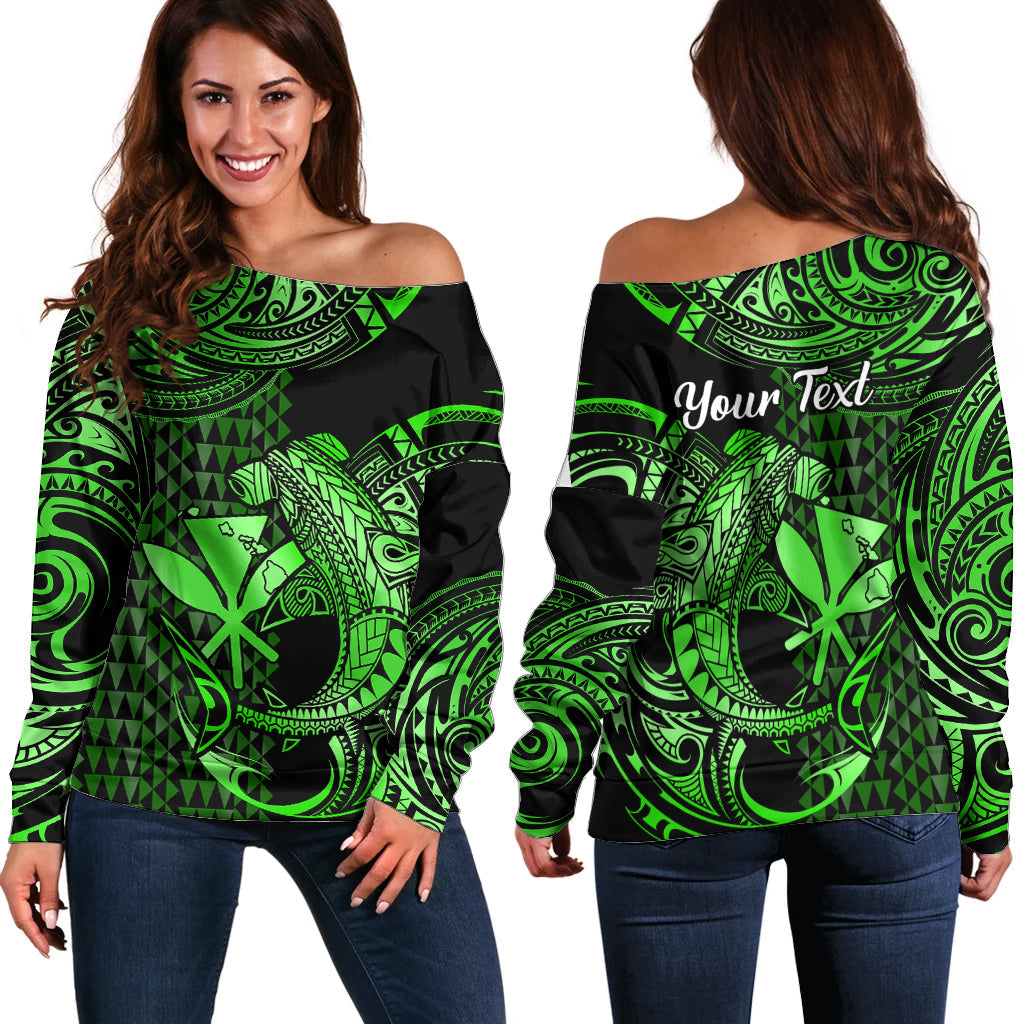 (Custom Personalised) Hawaii Hammerhead Shark Off Shoulder Sweater Polynesian Kakau With Kanaka Green