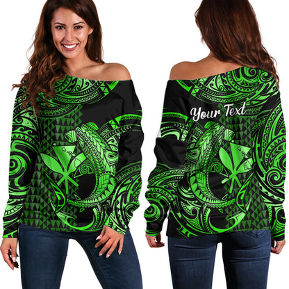 (Custom Personalised) Hawaii Hammerhead Shark Off Shoulder Sweater Polynesian Kakau With Kanaka Green