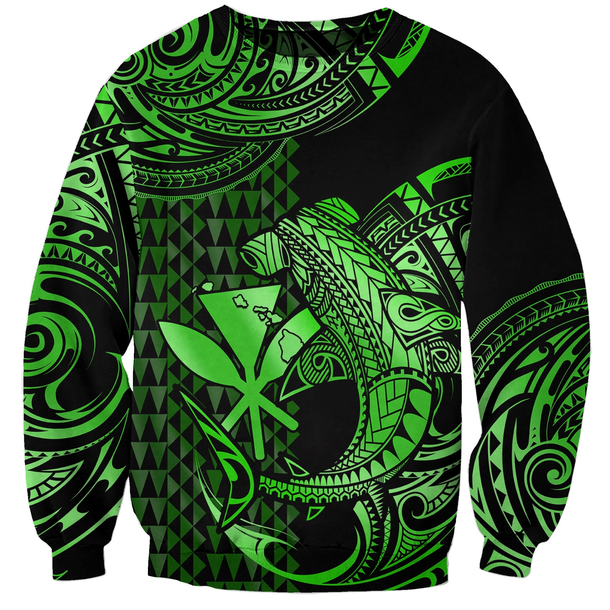 Custom Personalised Hawaii Hammerhead Shark Sweatshirt Polynesian Kakau With Kanaka Green