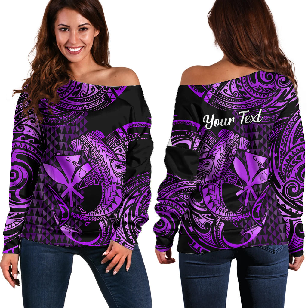 (Custom Personalised) Hawaii Hammerhead Shark Off Shoulder Sweater Polynesian Kakau With Kanaka Purple