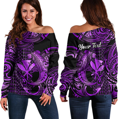 (Custom Personalised) Hawaii Hammerhead Shark Off Shoulder Sweater Polynesian Kakau With Kanaka Purple