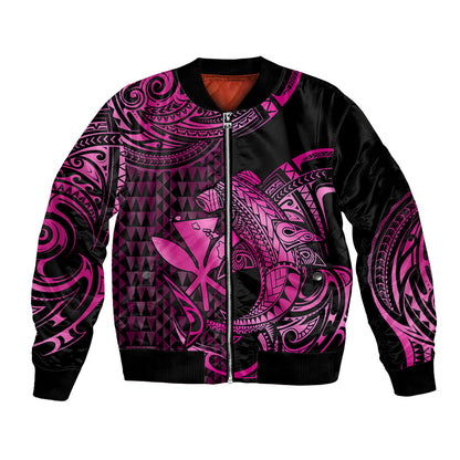 (Custom Personalised) Hawaii Hammerhead Shark Bomber Jacket Polynesian Kakau With Kanaka Pink