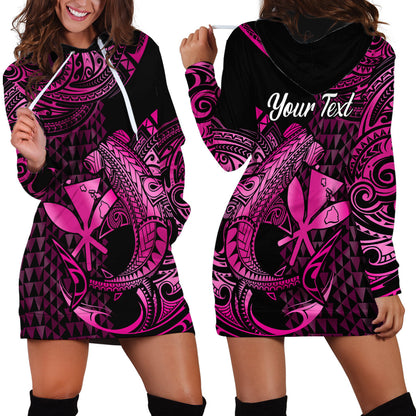 Custom Personalised Hawaii Hammerhead Shark Hoodie Dress Polynesian Kakau With Kanaka Pink