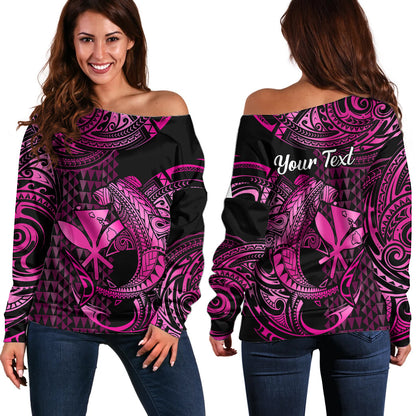 (Custom Personalised) Hawaii Hammerhead Shark Off Shoulder Sweater Polynesian Kakau With Kanaka Pink