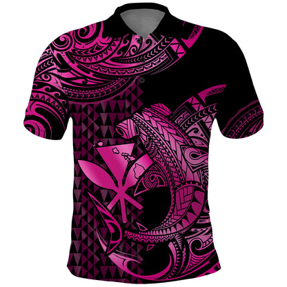 Custom Personalised Hawaii Hammerhead Shark Polo Shirt Polynesian Kakau With Kanaka Pink