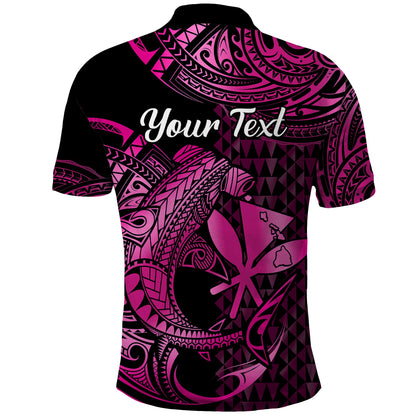 Custom Personalised Hawaii Hammerhead Shark Polo Shirt Polynesian Kakau With Kanaka Pink