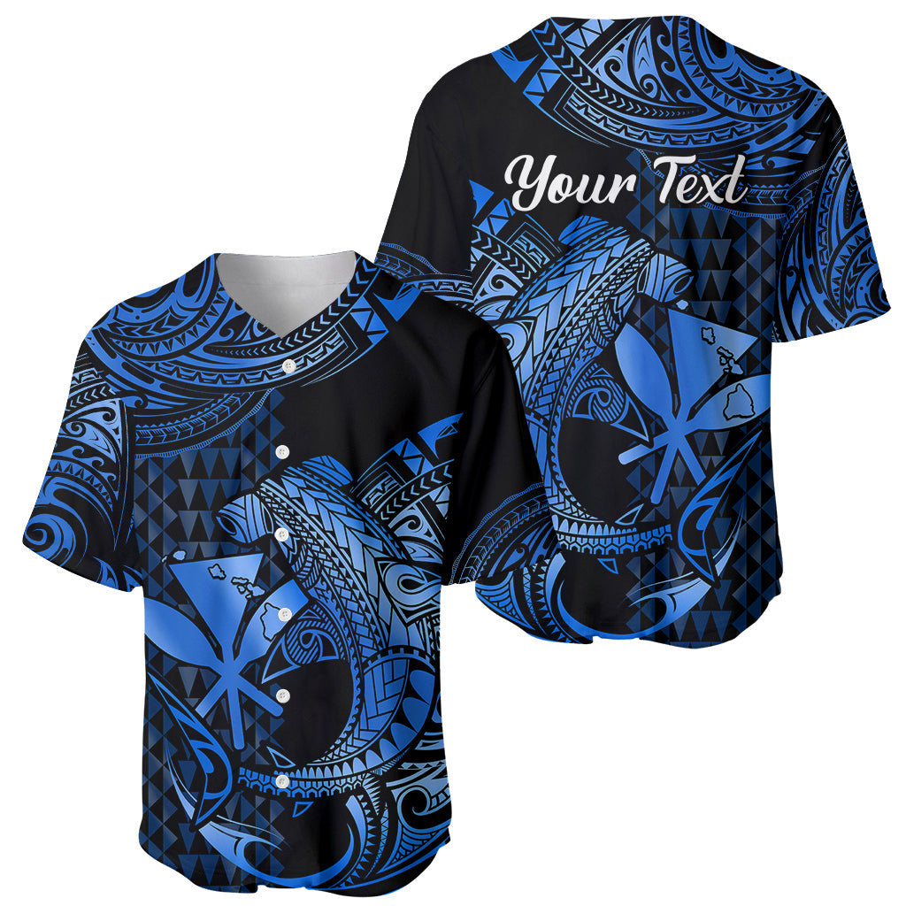 (Custom Personalised) Hawaii Hammerhead Shark Baseball Jersey Polynesian Kakau With Kanaka Blue