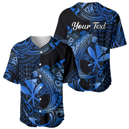 (Custom Personalised) Hawaii Hammerhead Shark Baseball Jersey Polynesian Kakau With Kanaka Blue