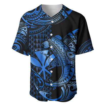 (Custom Personalised) Hawaii Hammerhead Shark Baseball Jersey Polynesian Kakau With Kanaka Blue