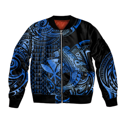(Custom Personalised) Hawaii Hammerhead Shark Bomber Jacket Polynesian Kakau With Kanaka Blue