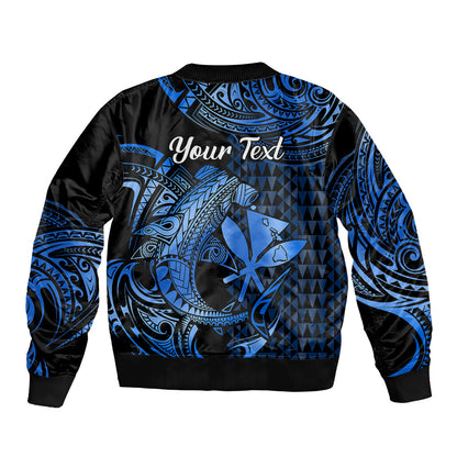 (Custom Personalised) Hawaii Hammerhead Shark Bomber Jacket Polynesian Kakau With Kanaka Blue