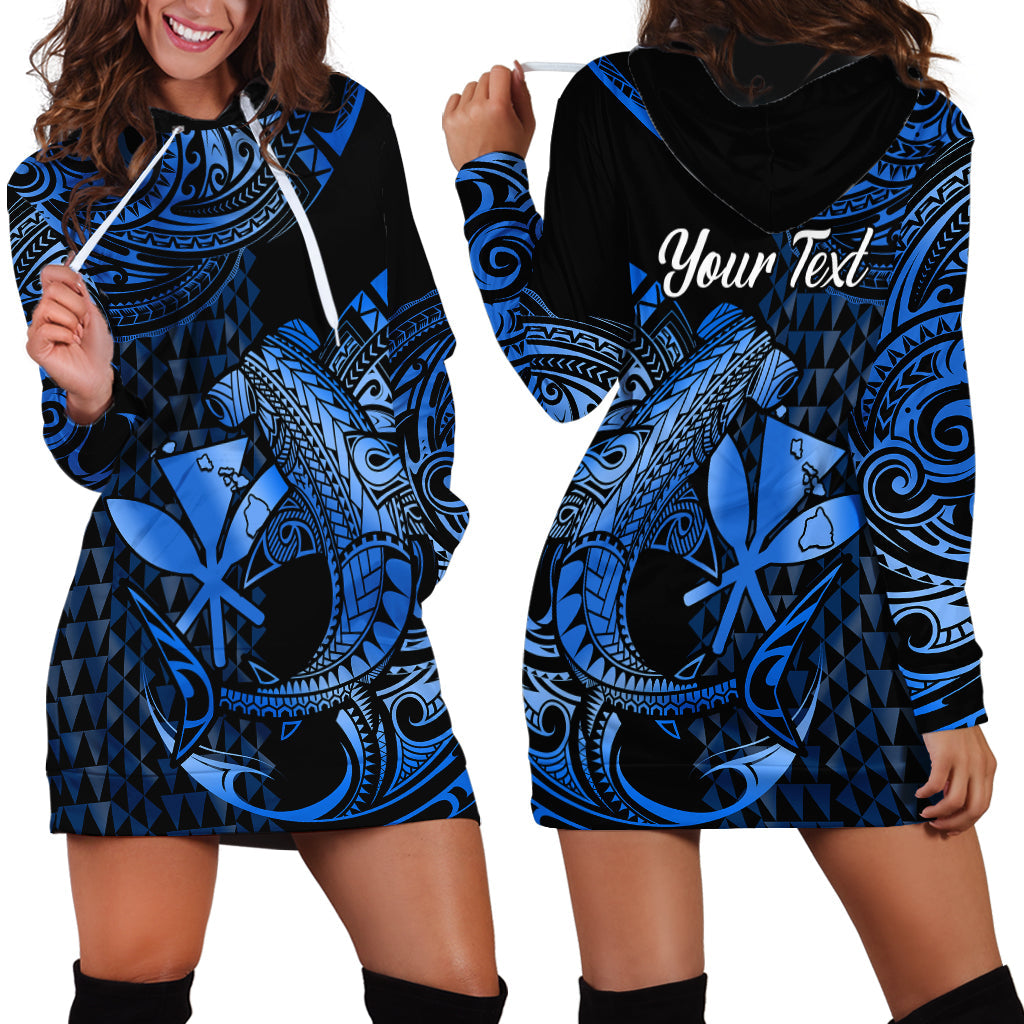 Custom Personalised Hawaii Hammerhead Shark Hoodie Dress Polynesian Kakau With Kanaka Blue