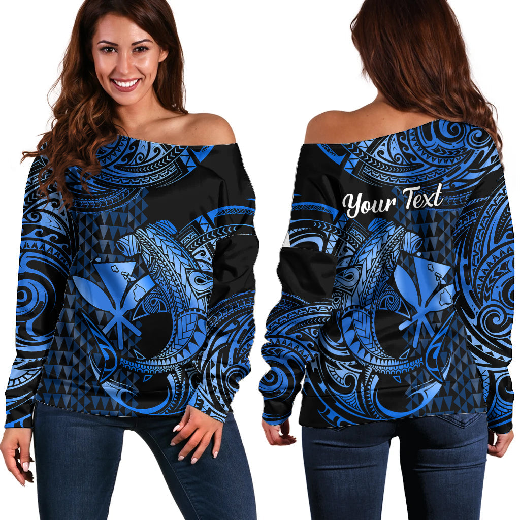 (Custom Personalised) Hawaii Hammerhead Shark Off Shoulder Sweater Polynesian Kakau With Kanaka Blue