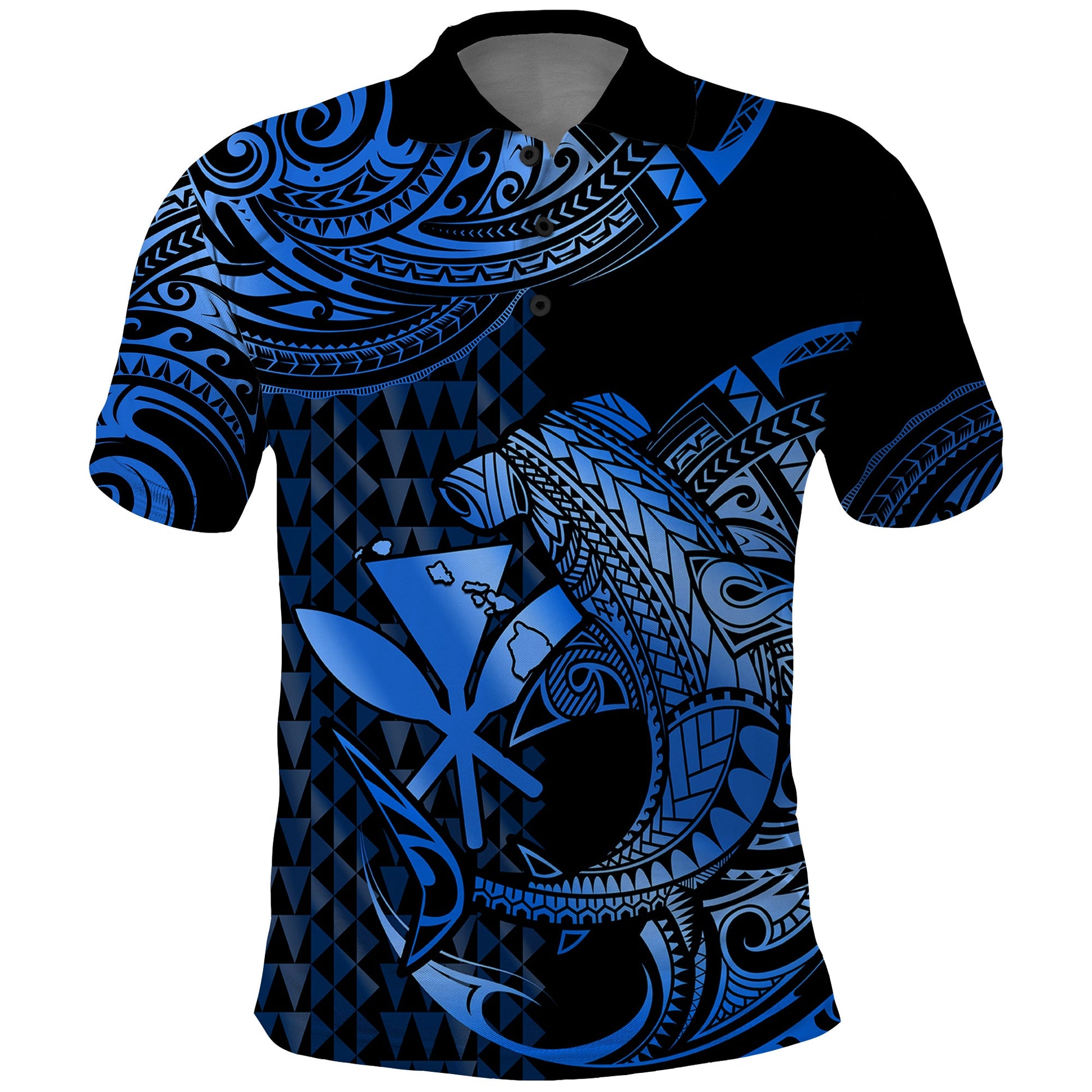 Hawaii Hammerhead Shark Polo Shirt Polynesian Kakau With Kanaka Blue