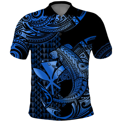 Hawaii Hammerhead Shark Polo Shirt Polynesian Kakau With Kanaka Blue