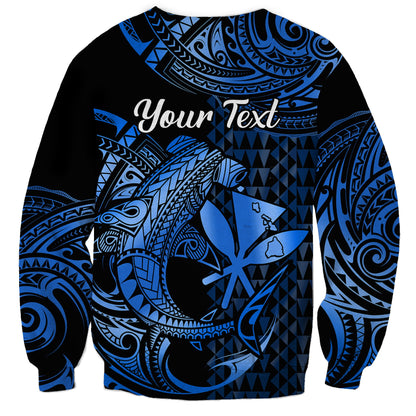 Custom Personalised Hawaii Hammerhead Shark Sweatshirt Polynesian Kakau With Kanaka Blue