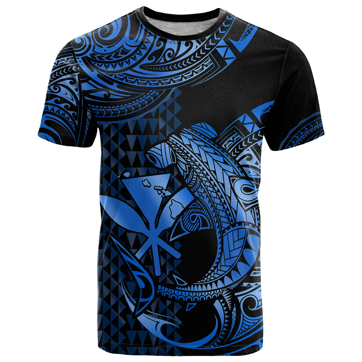 (Custom Personalised) Hawaii Hammerhead Shark T Shirt Polynesian Kakau With Kanaka Blue