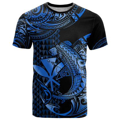 (Custom Personalised) Hawaii Hammerhead Shark T Shirt Polynesian Kakau With Kanaka Blue