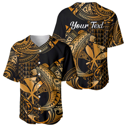 (Custom Personalised) Hawaii Hammerhead Shark Baseball Jersey Polynesian Kakau With Kanaka Gold