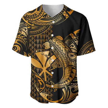 (Custom Personalised) Hawaii Hammerhead Shark Baseball Jersey Polynesian Kakau With Kanaka Gold