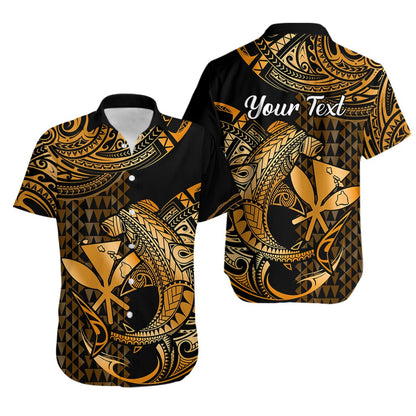 Custom Personalised Hawaii Hammerhead Shark Hawaiian Shirt Polynesian Kakau With Kanaka Gold