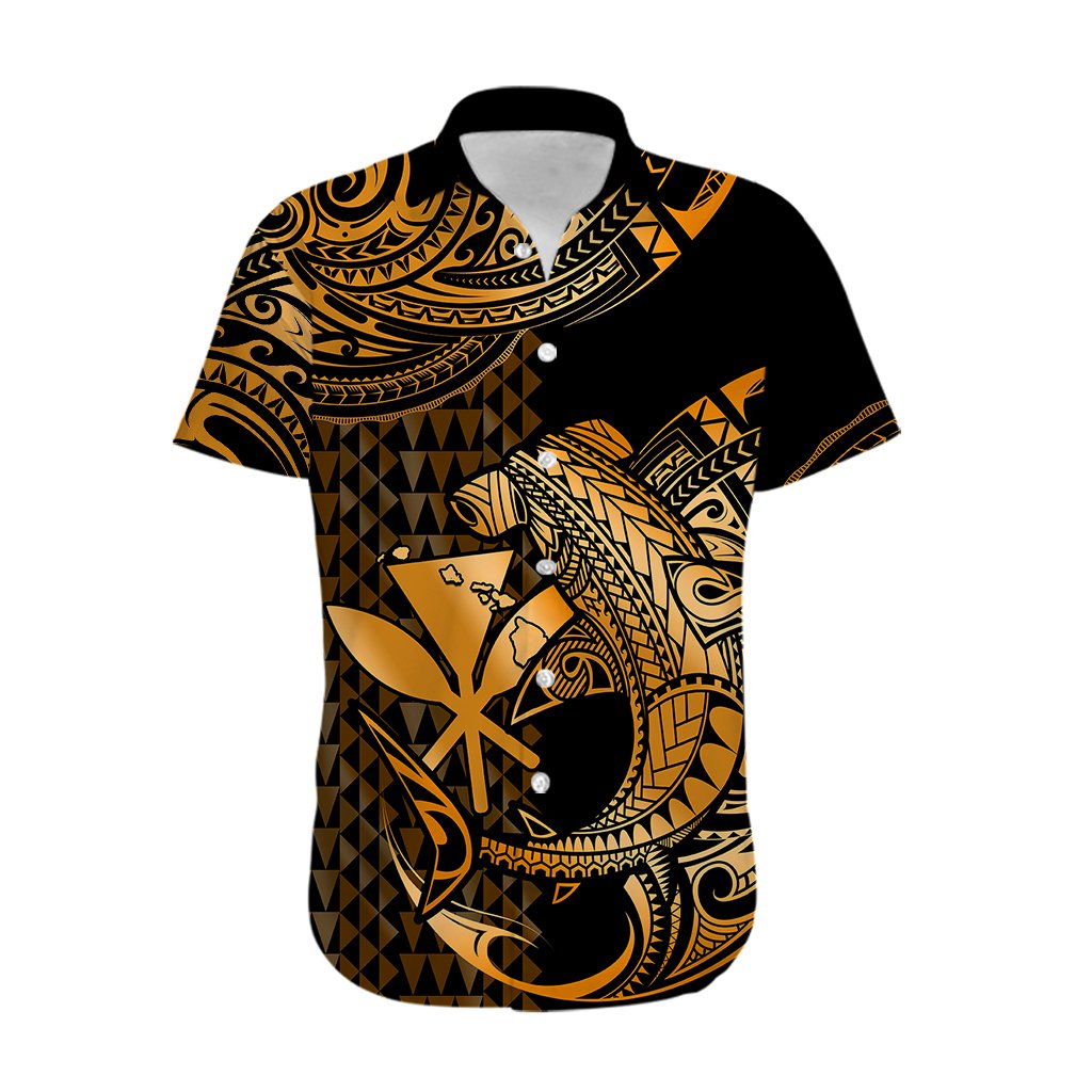 Custom Personalised Hawaii Hammerhead Shark Hawaiian Shirt Polynesian Kakau With Kanaka Gold