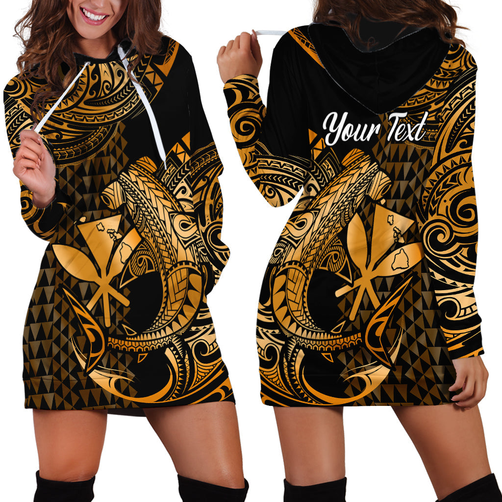 Custom Personalised Hawaii Hammerhead Shark Hoodie Dress Polynesian Kakau With Kanaka Gold