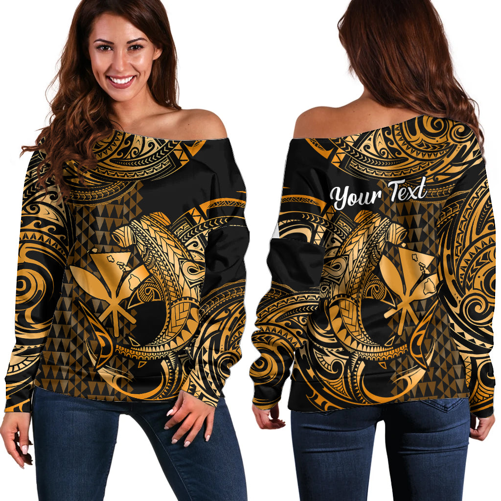 (Custom Personalised) Hawaii Hammerhead Shark Off Shoulder Sweater Polynesian Kakau With Kanaka Gold