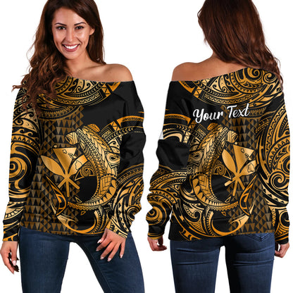 (Custom Personalised) Hawaii Hammerhead Shark Off Shoulder Sweater Polynesian Kakau With Kanaka Gold