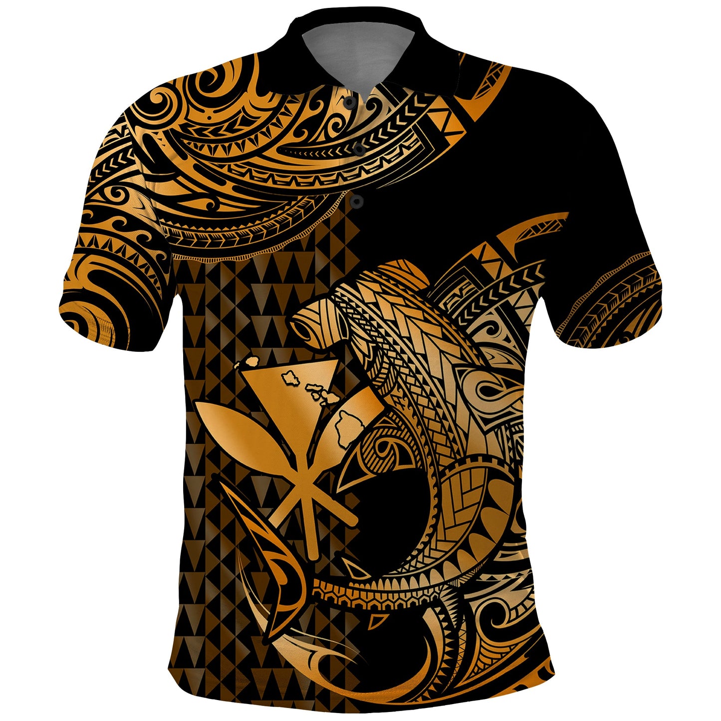 Hawaii Hammerhead Shark Polo Shirt Polynesian Kakau With Kanaka Gold