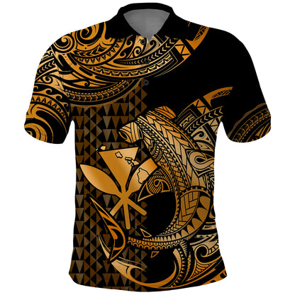 Hawaii Hammerhead Shark Polo Shirt Polynesian Kakau With Kanaka Gold