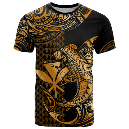 Custom Personalised Hawaii Hammerhead Shark T Shirt Polynesian Kakau With Kanaka Gold
