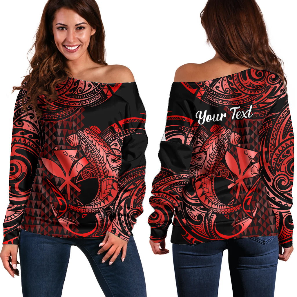 (Custom Personalised) Hawaii Hammerhead Shark Off Shoulder Sweater Polynesian Kakau With Kanaka Red
