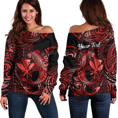 (Custom Personalised) Hawaii Hammerhead Shark Off Shoulder Sweater Polynesian Kakau With Kanaka Red