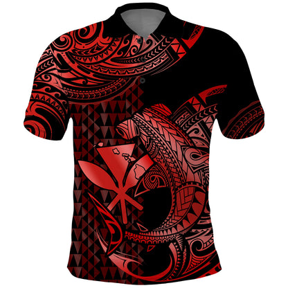 Custom Personalised Hawaii Hammerhead Shark Polo Shirt Polynesian Kakau With Kanaka Red