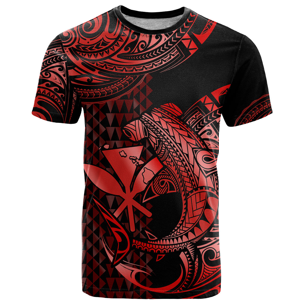 (Custom Personalised) Hawaii Hammerhead Shark T Shirt Polynesian Kakau With Kanaka Red