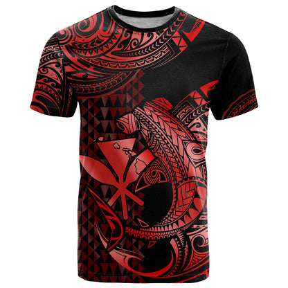(Custom Personalised) Hawaii Hammerhead Shark T Shirt Polynesian Kakau With Kanaka Red