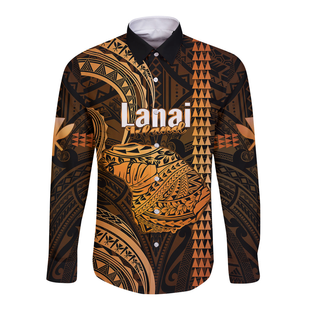 Polynesian Hawaiian Islands Long Sleeve Button Shirt Lani Map Gold Kanaka With Kakau