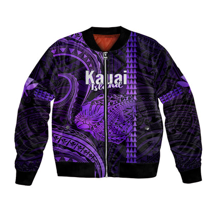Polynesian Hawaiian Islands Bomber Jacket Kauai Map Purple Kanaka With Kakau
