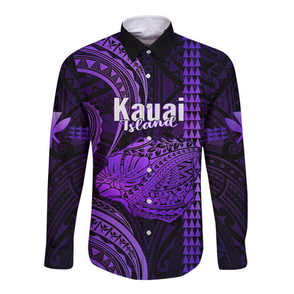 Polynesian Hawaiian Islands Long Sleeve Button Shirt Kauai Map Purple Kanaka With Kakau