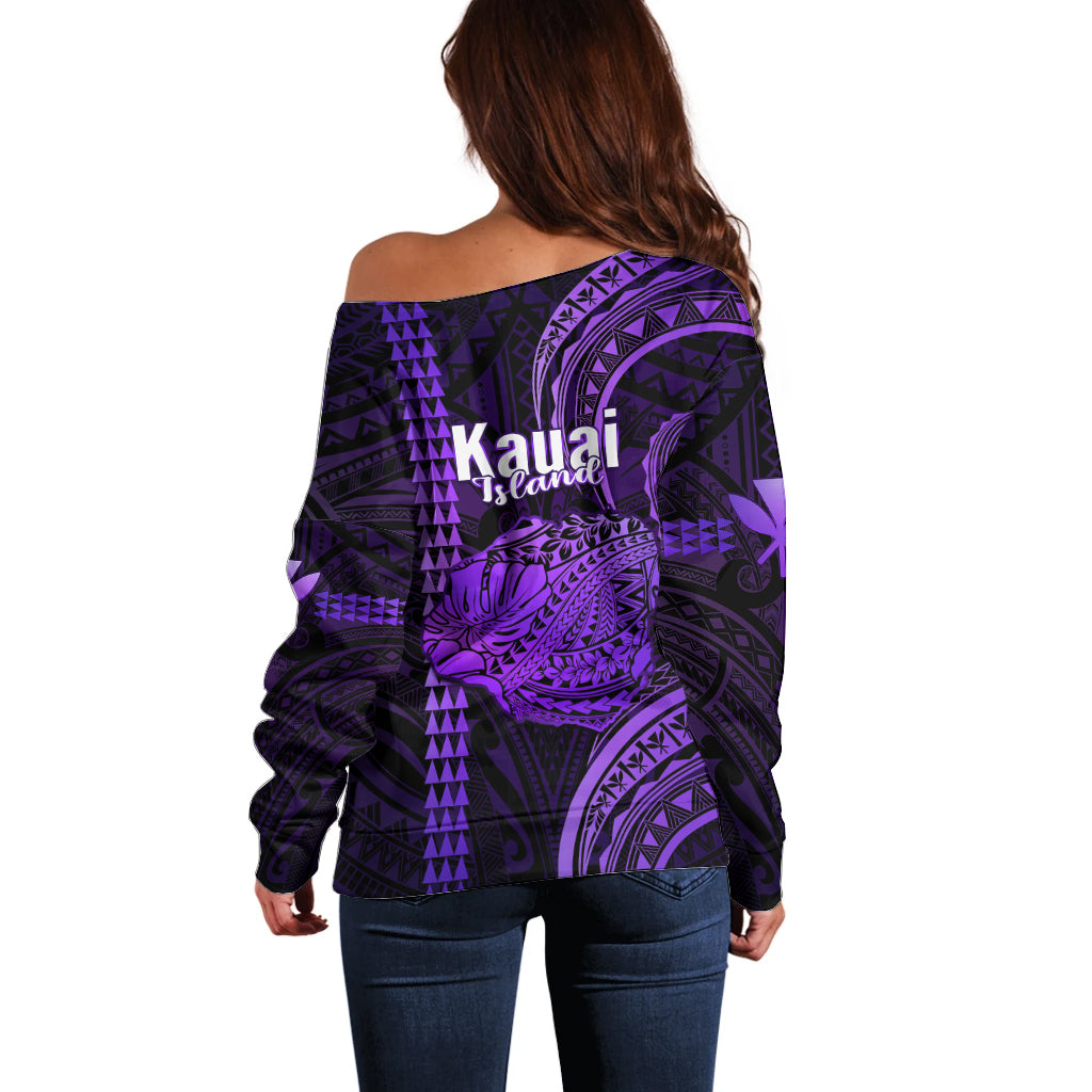 Polynesian Hawaiian Islands Off Shoulder Sweater Kauai Map Purple Kanaka With Kakau