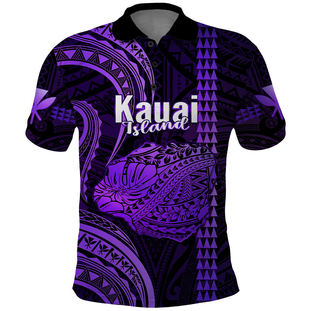 Polynesian Hawaiian Islands Polo Shirt Kauai Map Purple Kanaka With Kakau
